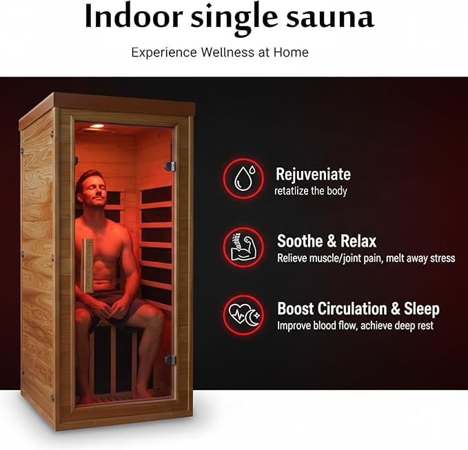 Homsido Red Light Therapy Infrared Sauna for Home – 1300W 110V 1-Person Indoor Wood Sauna w/Carbon Crystal Heaters, Red Light Lamp, Post-Workout Recovery & Spa Relaxation, Gift for Women Men