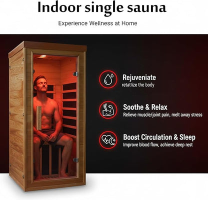 Homsido Red Light Therapy Infrared Sauna for Home – 1300W 110V 1-Person Indoor Wood Sauna w/Carbon Crystal Heaters, Red Light Lamp, Post-Workout Recovery & Spa Relaxation, Gift for Women Men