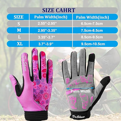 DuShow Bike Gloves for Women Cycling,Pink Floral Workout Gloves Women,Full Finger Biking Driving Riding Gloves for Women,Gel Padded Touch Screen Gym Gloves