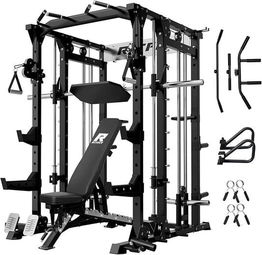 RitFit Buffalo Smith Machine, Power cage with LAT-Pull Down System & Cable Crossover System, All-in-One Squat Rack for Home Gym, Power Rack