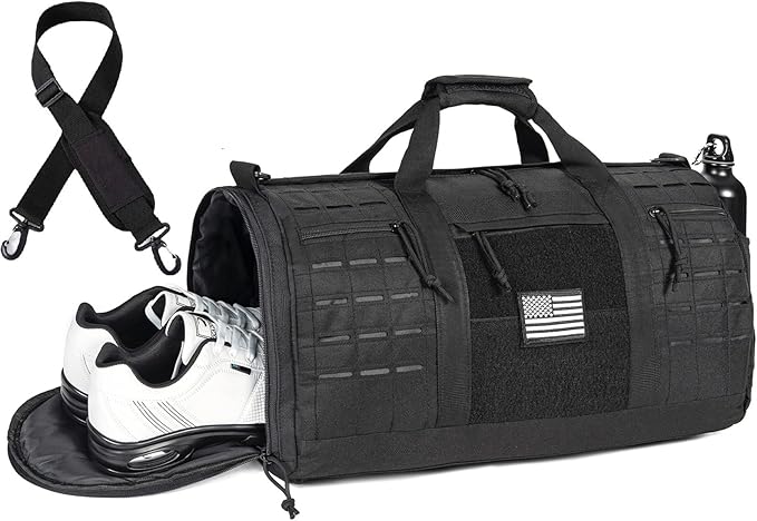 GMAK Military Tactical Duffle Bag for Men, 40L Sports Gym Bag with Shoe Compartment, Carry on Tote Travel Duffle Bag for Weekender Overnight Gym Workout Training Basketball Football, Black
