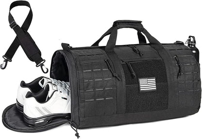 GMAK Military Tactical Duffle Bag for Men, 40L Sports Gym Bag with Shoe Compartment, Carry on Tote Travel Duffle Bag for Weekender Overnight Gym Workout Training Basketball Football, Black