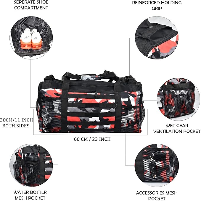 Unisex Duffel Bag Red Camo, Extra Roomy Waterproof Gym Bag For Women with Shoe Compartment, Sports Bag with Zippered Pockets, Adjustable Straps Duffle Bag Travel Large Gym Bag For Men