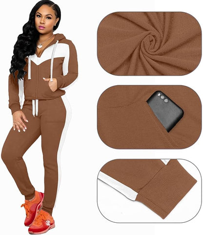 CLOCOR Track Suits for Women Set - Casual 2 Piece Outfits Sweatsuit Pocket Hoodies Long Sleeve with Patchwork Pants Set