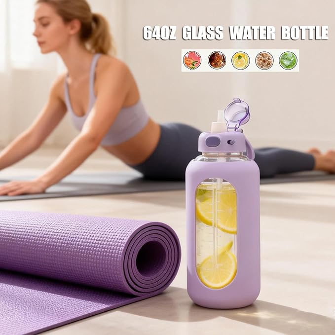 SIEROZUR 42 oz Glass Water Bottle with Straw and Handle Half Gallon Large Water Bottle with Silicone Sleeve and Time Marker Sports Water Jug Wide Mouth for Travel Gym