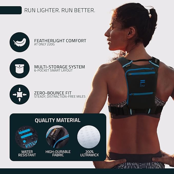 FITLY Minimalist Running Pack - Fitness Backpack Phone Holder, Storage, Thoracic Belt - Carry Personal Items - Running Gear for Men & Women - Lightweight Hydration Water Backpack