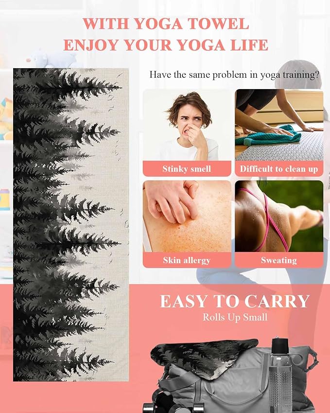 Forest Birds Yoga Mat Towel with Corner Pockets for Hot Yoga Non Slip,Absorbent Yoga Blankets Soft Gym Sweat Working Out Fitness Pilates Towels 74"x26" Vintage Pine Tree Animal Landscape Beige