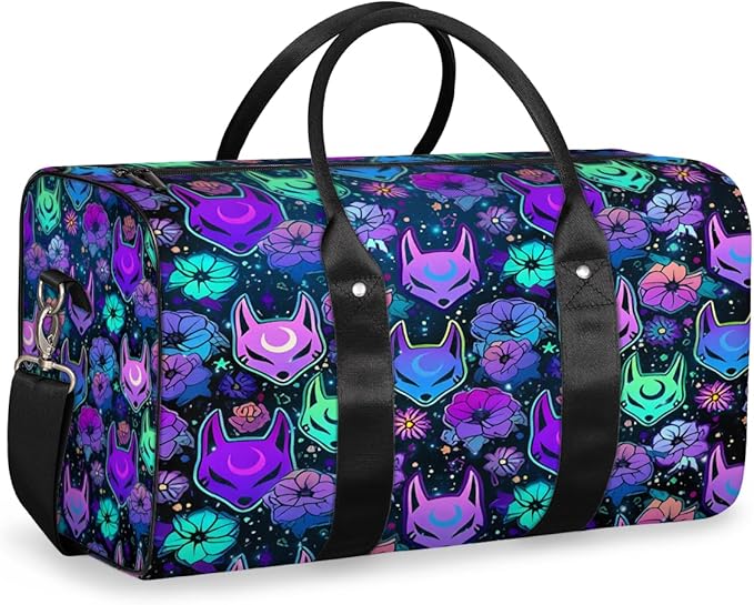 Travel Duffel Bag Flower Purple Fox Sport Tote Gym Bag Waterproof Foldable Carryon Weekend Overnight Training Handbag Sports Duffle Bags for Women Men Boys Girls
