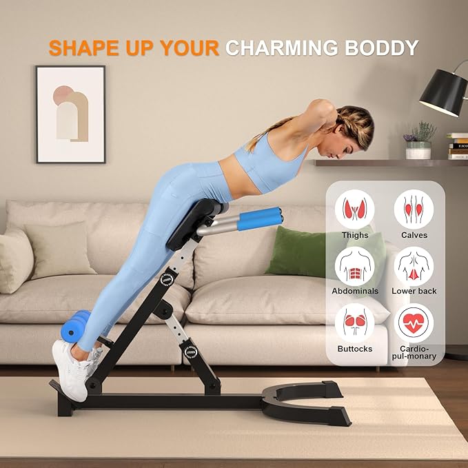 Foldable Back Extension Machine, Roman Chair, Adjustable Ab Back Extension Machine,Core Strength Trainer,Back Exercise Machine for Glute,Ab Workouts,Full All-in-One Body Workout&Home Gym Fitness（Blue）