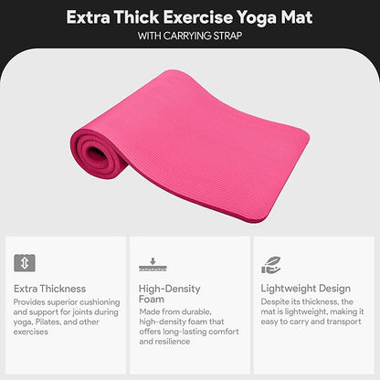 BalanceFrom 71x24 Inches Extra Thick Yoga Mat 1-Inch High-Density Foam – Roll-Up Exercise Pad with Double-Sided Non-Slip Surface and Carrying Strap for Pilates and Home Workouts, Multiple Colors