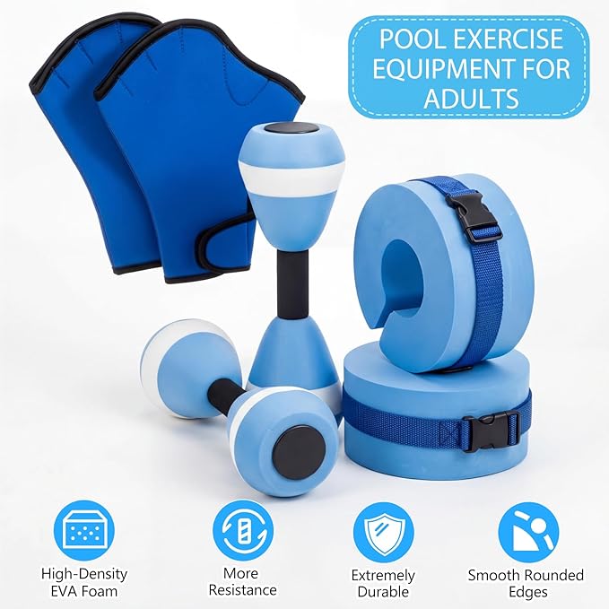 Hungdao Water Aerobics Set for Aquatic Exercise Include Foam Water Dumbbell Swim Aquatic Cuffs Ankle Arm for Sport Swimming Glove Pool Resistance Weights Fitness Equipment for Workout Training