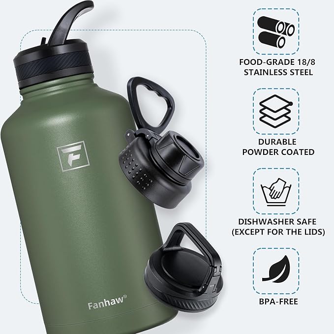 Fanhaw 64 oz Insulated Water Bottle – Large Stainless Steel Jug with 3 Lids (Straw, Spout, Carabiner) | Heavy-Duty, for Camping, Backpacking, Long Hikes & Outdoor Work (Olive Green)