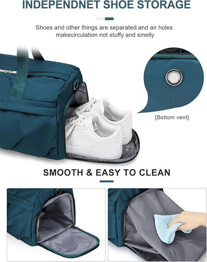 Gym Bag for Women Men with Shoe Compartment, Sport Duffel Bag, Waterproof Travel Weekender Overnight Carry on Bag for Yoga with Trolley Sleeve, Peacock Blue