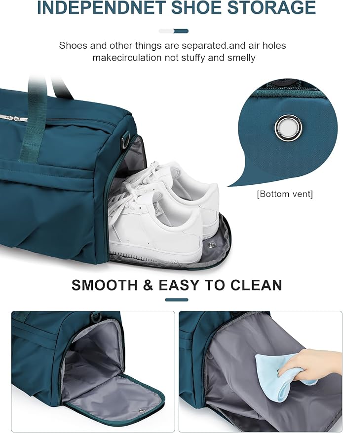 Gym Bag for Women Men, Sport Duffel Bag with Toiletry Bag & Shoe Compartment,Waterproof Travel Weekender Overnight Carry on Bag for Yoga with Trolley Sleeve, Peacock Blue Set
