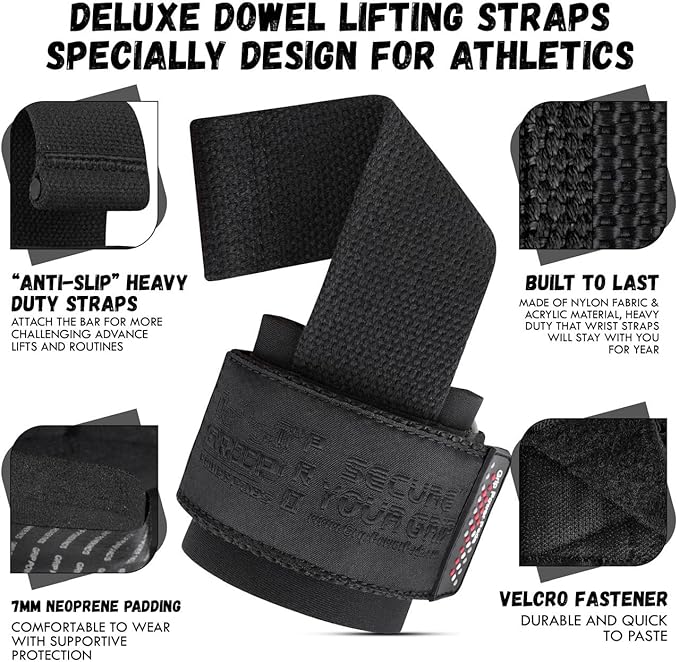 Gym Lifting Dowel Straps Neoprene Padded Wrist Wraps for Weight Training, Bodybuilding & Fitness – Wrist and Grip Support, 2 Pack (Jet Black)