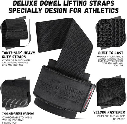 Gym Lifting Dowel Straps Neoprene Padded Wrist Wraps for Weight Training, Bodybuilding & Fitness – Wrist and Grip Support, 2 Pack (Jet Black)