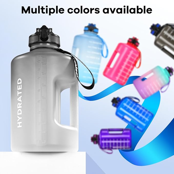Big Reusable Sport Water Jug with non-slip handle, 1 Gallon Water Bottle with Straw and Time Marker, for All Day Hydration, Exercise and Outdoor (Black White)