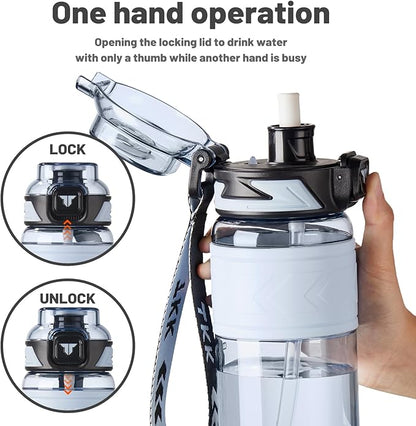 TKK Sports Water Bottles with Removable Straw 34 oz Leak-proof Flip Top Lid BPA Free Tritan Bottles with Strap for School, Fitness, Gym, Outdoor, Blue