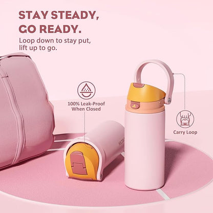 POWCAN 18 oz Insulated Water Bottle with Straw: 2-in-1 Push-Button Spout & Quick-Flip Straw, Leakproof, Cold 24Hrs, Fits Car Cup Holder, Stainless Sports Bottle for Gym, Travel Gift (Peach Store)