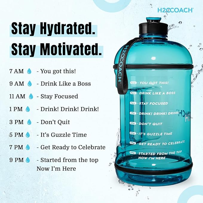 H2OCOACH 1 Gallon Hydration Jug with Time Marker & Measurements, BPA-Free Tritan Sports Drink Container, Motivational Daily Intake Tracker for Gym, Workout, & Fitness Routines (128 oz, Blue)