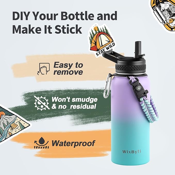 32 oz Insulated Water Bottle with Straw, Stainless Steel Triple Wall Vacuum Sports Water Jug, Leakproof Hydro Cup Flask with Paracord Handle & Straw Spout Lids & DIY Stickers