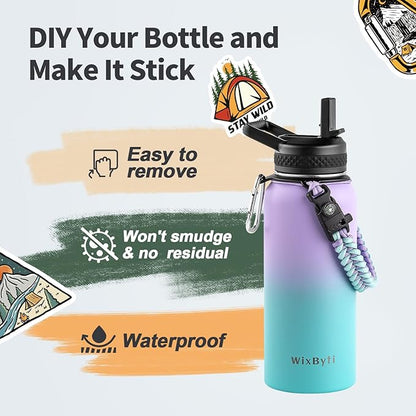 32 oz Insulated Water Bottle with Straw, Stainless Steel Triple Wall Vacuum Sports Water Jug, Leakproof Hydro Cup Flask with Paracord Handle & Straw Spout Lids & DIY Stickers