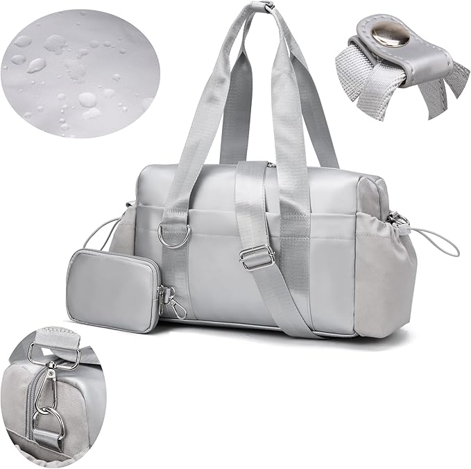 Everyday Mini Gym Bag for Women 2.0, Small Tote with Zipper Compartment Waterproof Travel Duffle Cute Handbag Workout Carry On with Removeable Shoulder Strap & Coin Wallet Easy to Clean-Silver