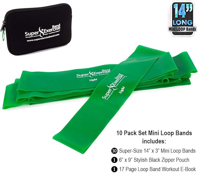 USA 14" x 3" Extra Long Latex Free Mini Loop Bands in 3, 5, 10 Pack Sets. 10 Strengths for Resistance Training, Stretching, Yoga, Toning. Plus an Exclusive iPhone App and E-Book.