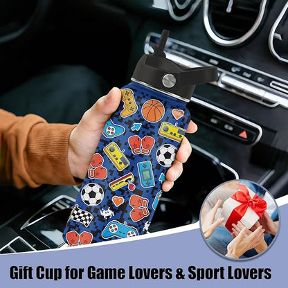 Gamer Water Bottle 32oz - Insulated Stainless Steel with Straw, Leak Proof Lid - Ideal Gaming Gifts for Kids Boys Teens - BPA-Free Sports Bottle for School, Travel & Gaming