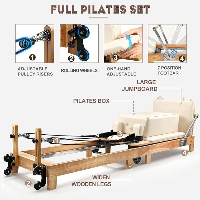 Pilates Reformer, Wooden Foldable Pilates Machine for Home Use, All-in-One Studio Equipment with 6 Springs, Jump Board, Sitting Box & Accessories 3t3 libras