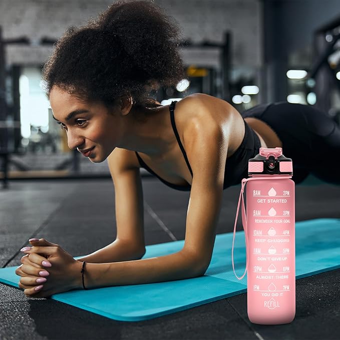 Frosted Style Sports Water Bottle 32 oz - BPA Free With Time Marker, Small Mouth Leakproof for Gym, Fitness, Hiking, Bike, Camping (A)