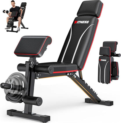 Foldable Workout Bench, Adjustable Weight Bench for Home Gym with Leg Extension, Preacher Pad, Extended Headrest, Collapsible Bench Press Full Body Workout Strength Training Banco de Pesas