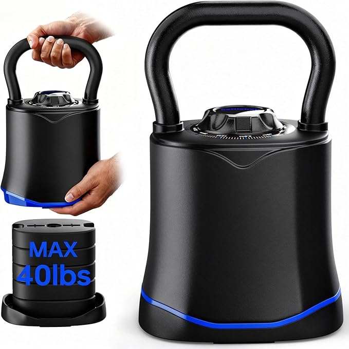 Adjustable Kettlebell，6-in-1 Quick Change Adjustable Kettlebell Set (6.5-40 LBS) for Home Gym - Space-Saving Design with Scratch-Resistant Rubber Base to Protect Floors, Two-Way Rotating Handle for Full Body Workouts