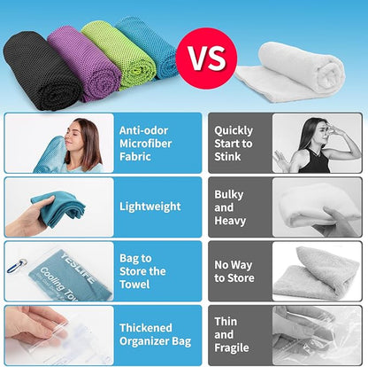 YESLIFE 4 Pack Cooling Towels 40"x12", Gym Towels for Men and Women, Soft Breathable Workout Towels for Yoga, Running, Sport, Workout, Camping, Fitness & More (Light Blue, Green, Purple, Black)