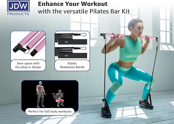 Pilates Bar Kit | 2 Standard & 2 Strong Bands for Full-Body Workout | Storage Bag Included | Fitness Equipment for Home Gym, Yoga