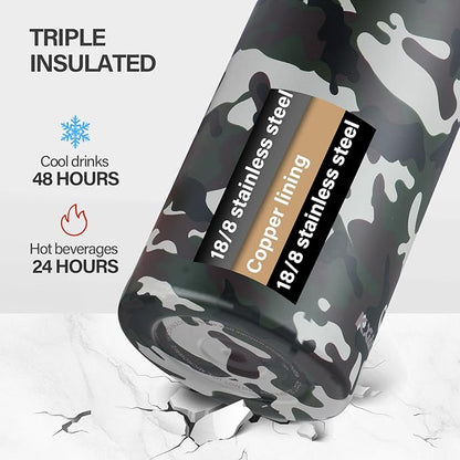 KXIAOCHEN Insulated Water Bottle, Stainless Steel Water Bottle, 2 Lids (Straw and Handle Lid),Wide Mouth Metal Water Bottles Keep Hot and Cold, Double Walled, Thermo Mug, Metal Canteen