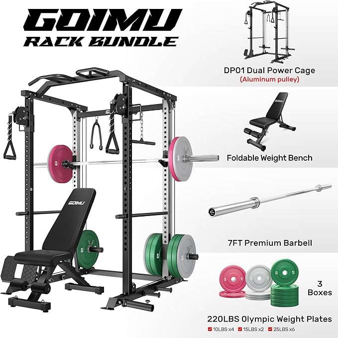 DP01 Power Cage, 2000LBS Squat Rack with with Cable Crossover and Dual Independent Pulley System, Full Cage for Full Body Training, Power Rack with More Training Attachments for Home Gym