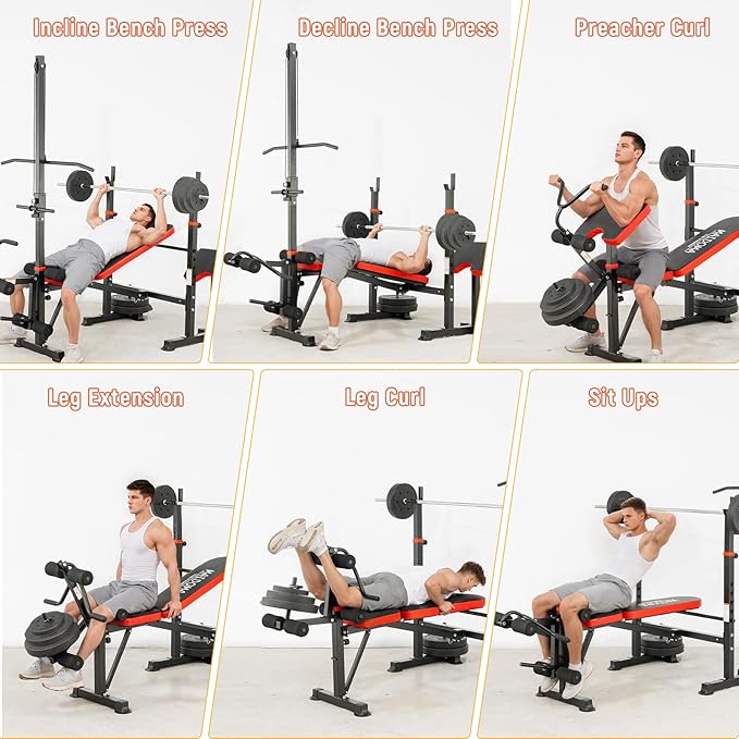1500LB 8 IN 1 Weight Bench with Lat Pulldown and Leg Extension/Curl, Foldable Bench Press with Preacher Curl & Rack, Workout Benches with Safety Bar Catches for Home Gym(US Stock)