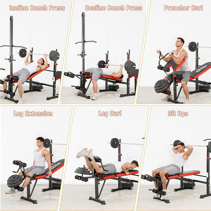 1500LB 8 IN 1 Weight Bench with Lat Pulldown and Leg Extension/Curl, Foldable Bench Press with Preacher Curl & Rack, Workout Benches with Safety Bar Catches for Home Gym(US Stock)