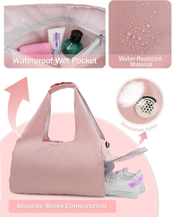 Gym Bag for Women with Shoe Compartment Yoga Mat Bag with Wet Pocket and Water Bottle Holder Weekender Bag with Strap