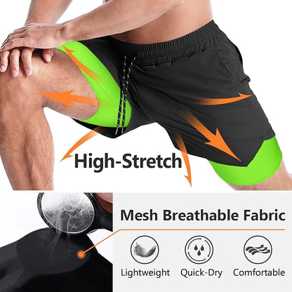 Aolesy Men's 2 in 1 Running Shorts 5" Workout Gym Athletic Shorts for Men Quick Dry Lightweight Training Shorts with Pockets