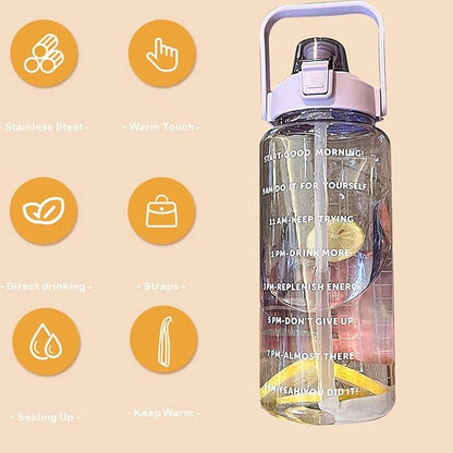 Sports Water Bottle With Straw, 2000ML Large Capacity Plastic Water Cup, Portable Strap, Times Scale for Gym, Outdoor Fitness (Purple)