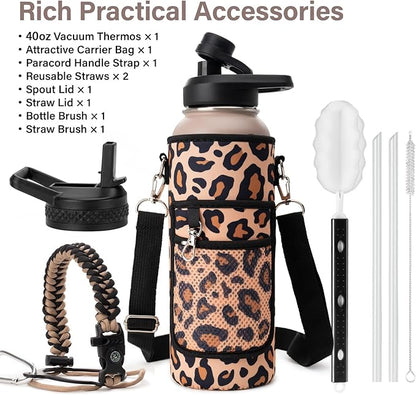 Insulated Water Bottle | Thickened Stainless Steel Vacuum Metal | Portable Sports Water Jug for Gym and Hiking with Straw, Carrier Bag, Handle Strap | BPA-Free 40 oz