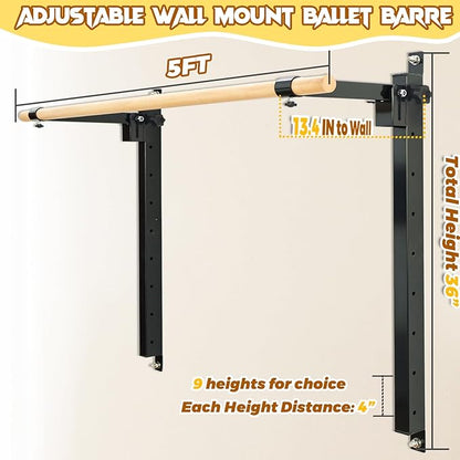 Height Adjustable Ballet Barre Foldable Ballet Bar Dance Training Barre,Wall Mount With Solid Beech Wood Bar,Home Fitness Equipment for Pull Up Stretching Never move or Shake
