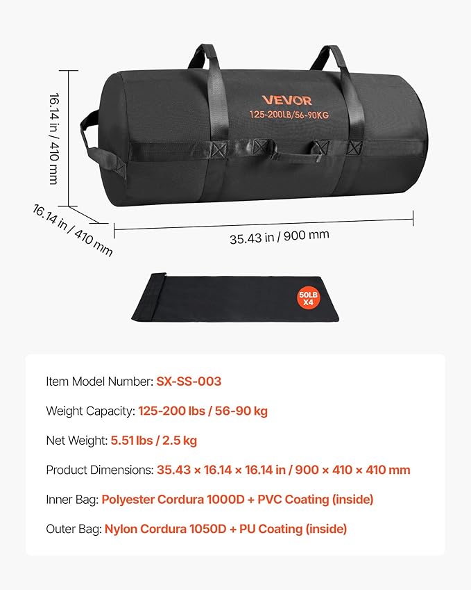 VEVOR Workout Sandbag, Heavy Duty Workout Power Bags with Handles, 125-200 lbs Adjustable Slam Bag for Fitness Strength Weight Training Cross-Training, Home Gym Exercise, Black (Unfilled)