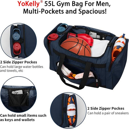 Gym Bag 22 inch Sport Duffle Bag for Men - 55L Weekender Duffel Bag for Travel 22“×12”×13“ - Navy Blue
