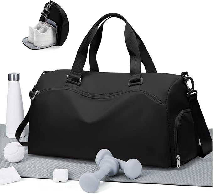 Gym Bag for Women with Shoe Compartment,Travel Duffel Bag for Men Sports Gym Tote Bags Carry on Overnight Bag Personal Item Travel Bag Weekender Bags Swimming Yoga Workout Bag Black