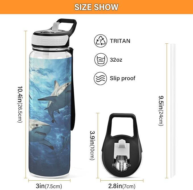 Fustylead Underwater Sharks Circling 32oz Water Bottle with Straw, Leakproof Clear Sport Water Bottles for Gym Camping Hiking Travel