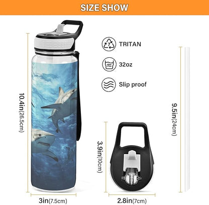 Fustylead Underwater Sharks Circling 32oz Water Bottle with Straw, Leakproof Clear Sport Water Bottles for Gym Camping Hiking Travel