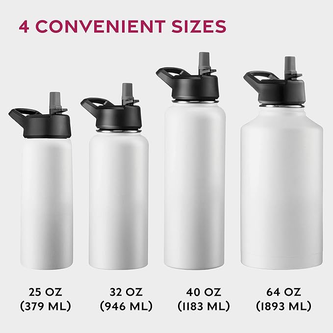 FineDine Triple Walled, Insulated Water Bottles with Straw - 25 Oz Stainless Steel Metal Bottle W/ 3 Leak Proof Lids - For Travel, School, Sports, Gym/Men, Women & Kids - Pure Pearly White